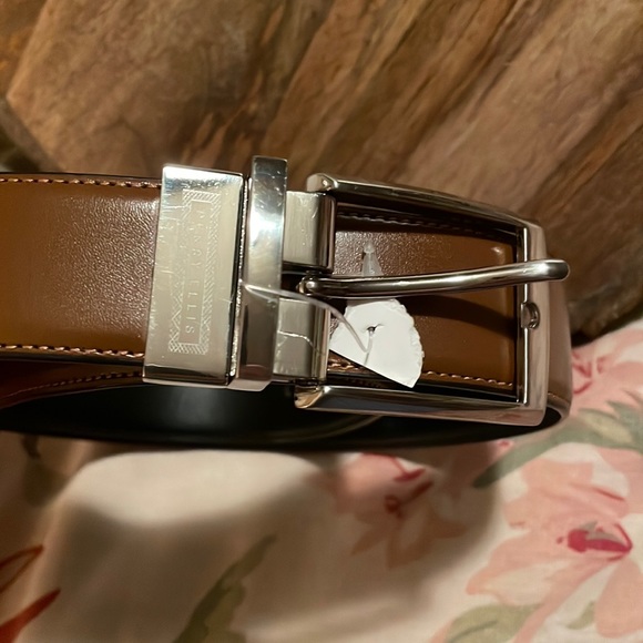 PERRY ELLIS Size W 32-38” Bonded Leather Belt Square Bright Silver Brown $49 NEW - Picture 5 of 13